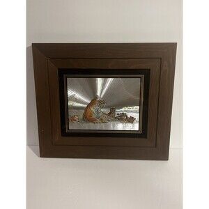 Vintage Framed Foil Art Holographic Tigers and Cubs Josephine Marsh 14.5”x12.5”